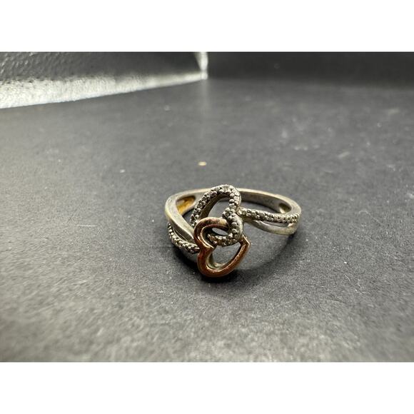PJ Sterling Silver 925 10K Gold Accent Diamonds Double Open Heart Ring Sz 6.5 - Picture 6 of 13